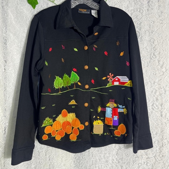 Onque Casuals Black Cardigan with Colorful Fall Embroidery - Picture 1 of 7